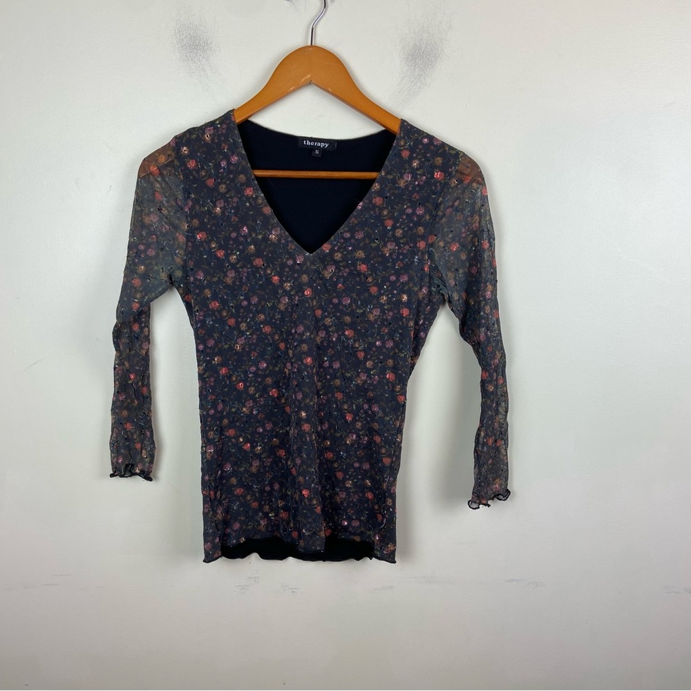 Therapy‎ Micro Floral Sheer Sleeve Mesh Embroidered Eyelet Lettuce Hem Top Small